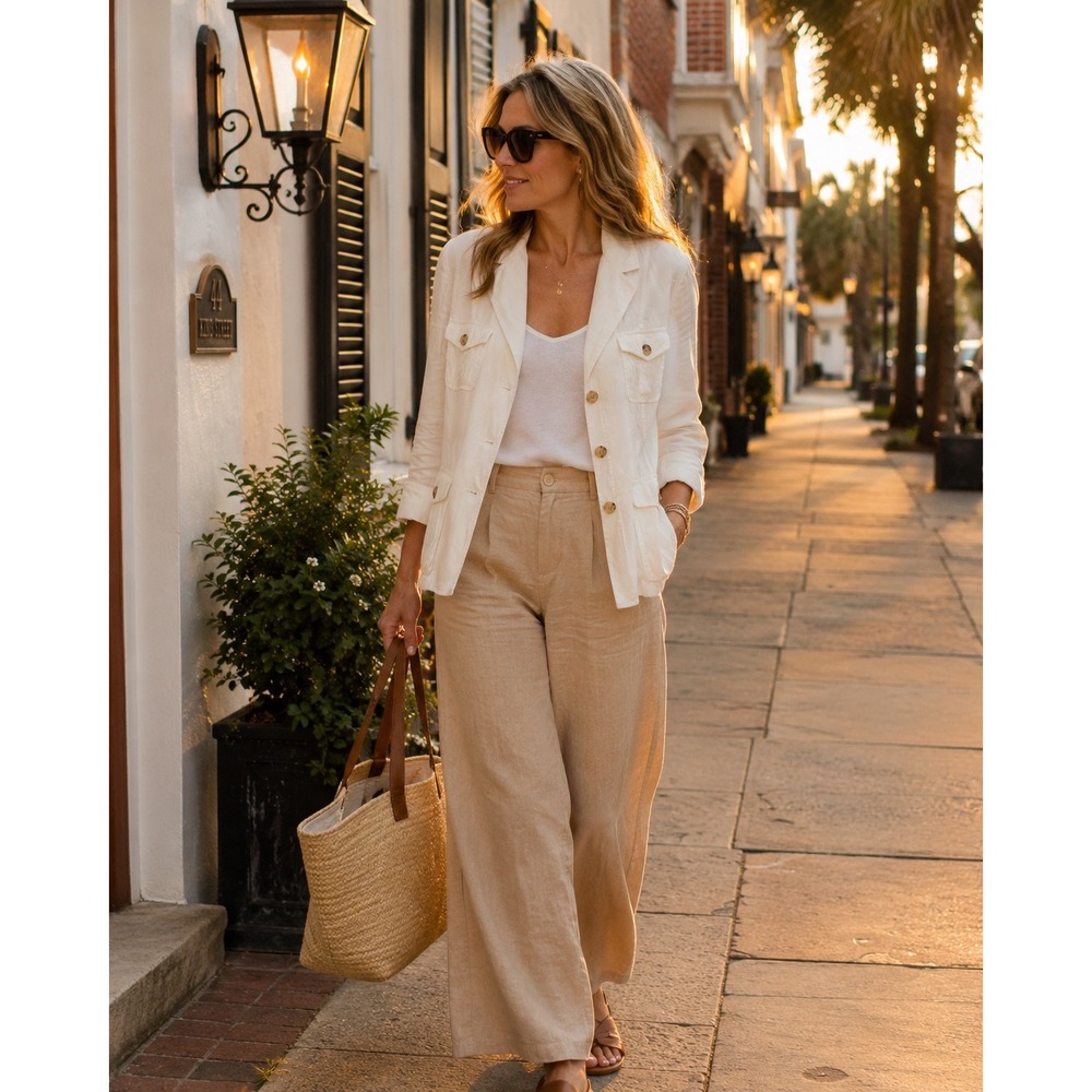 Theory Linen Blend Utility Jacket Size 12 Ivory Safari Quiet Luxury Coastal Chic